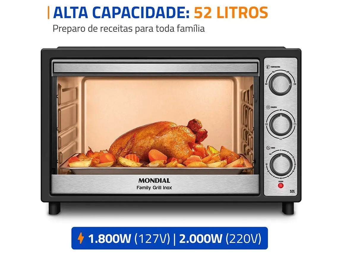 Forno Elétrico de Bancada Mondial Preto e Inox 52L Preto Family Grill FRN-52-BI - Imagem 4