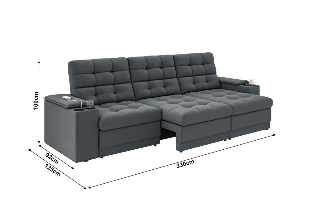 Sofá Confort Premium 2,30m Assento Retrátil/Reclinável porta copos e USB Suede Cinza - XFlex Sofas - XFlex Sofás - Imagem 3