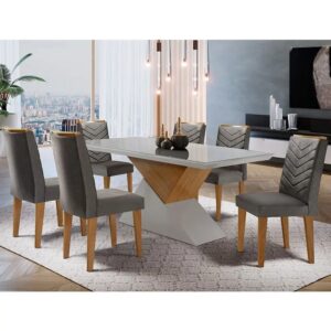 Sala de jantar Aster 180 Tampo em MDF e Vidro com 6 Cadeiras Liz Moderna - Moderna Mobília