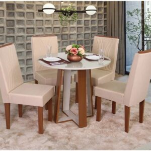 Mesa de Jantar 4 Cadeiras Redonda Naturalle e Off-White Tampo de Vidro Laís Móveis São Carlos