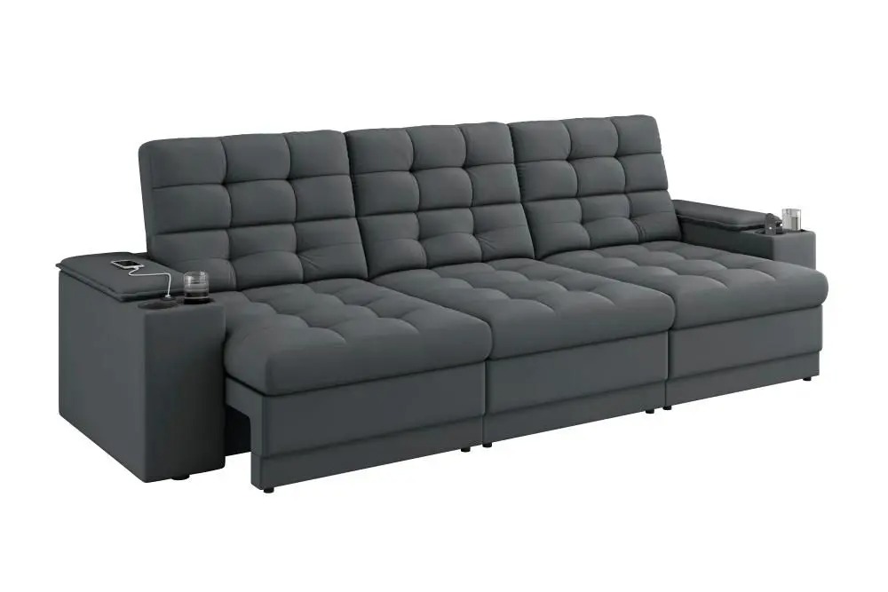 Sofá Confort Premium 2,30m Assento Retrátil/Reclinável porta copos e USB Suede Cinza - XFlex Sofas - XFlex Sofás