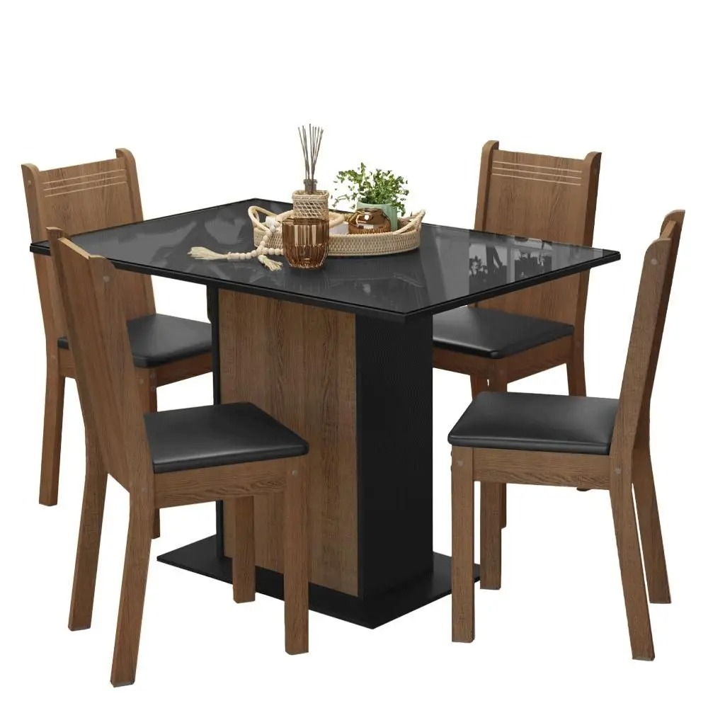 Conjunto Sala de Jantar Mesa Tampo de Vidro 4 Cadeiras Preto/Rustic Camélia Madesa - Imagem 2