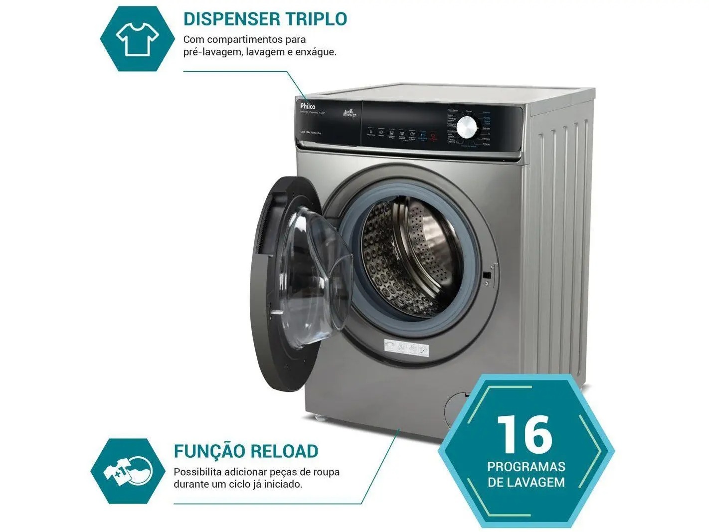 Lava e Seca Philco 16 Programas Eco Inverter 11kg Titânio PLS11C - Imagem 2