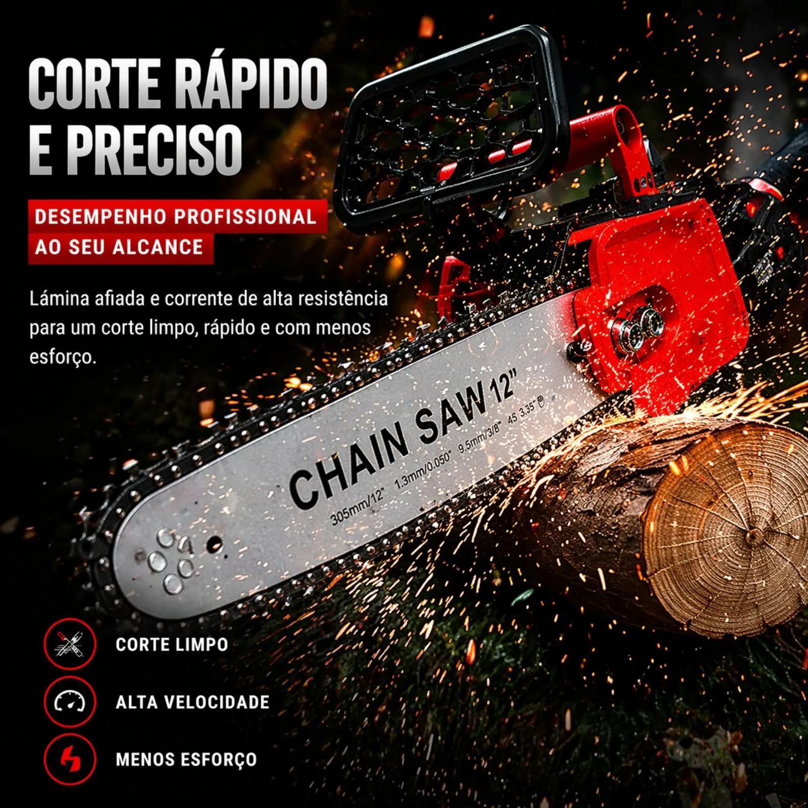 MotoSerra Elétrica Potente Polegadas 2 Baterias E 3 Correntes Portátil Recarregável Profissional Marca Motoserra - Pratiarejo - Imagem 3