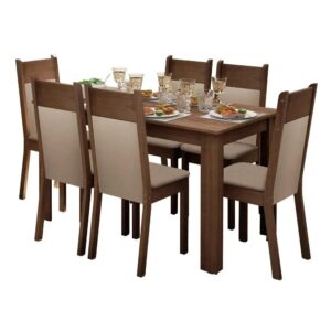 Conjunto Sala de Jantar Mesa Tampo de Madeira 6 Cadeiras Rustic/Crema/Bege Jaíne Madesa