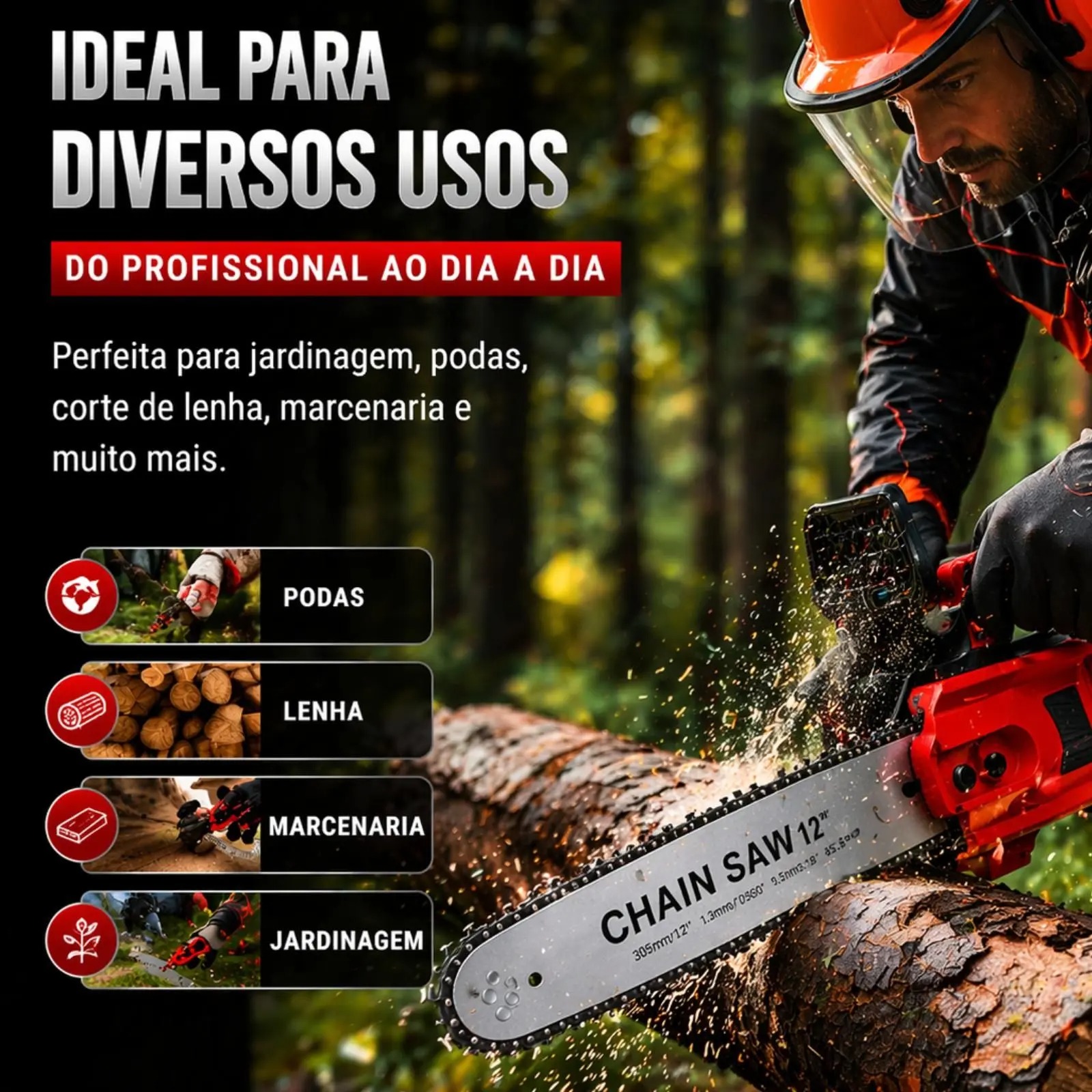 MotoSerra Elétrica Potente Polegadas 2 Baterias E 3 Correntes Portátil Recarregável Profissional Marca Motoserra - Pratiarejo - Imagem 2