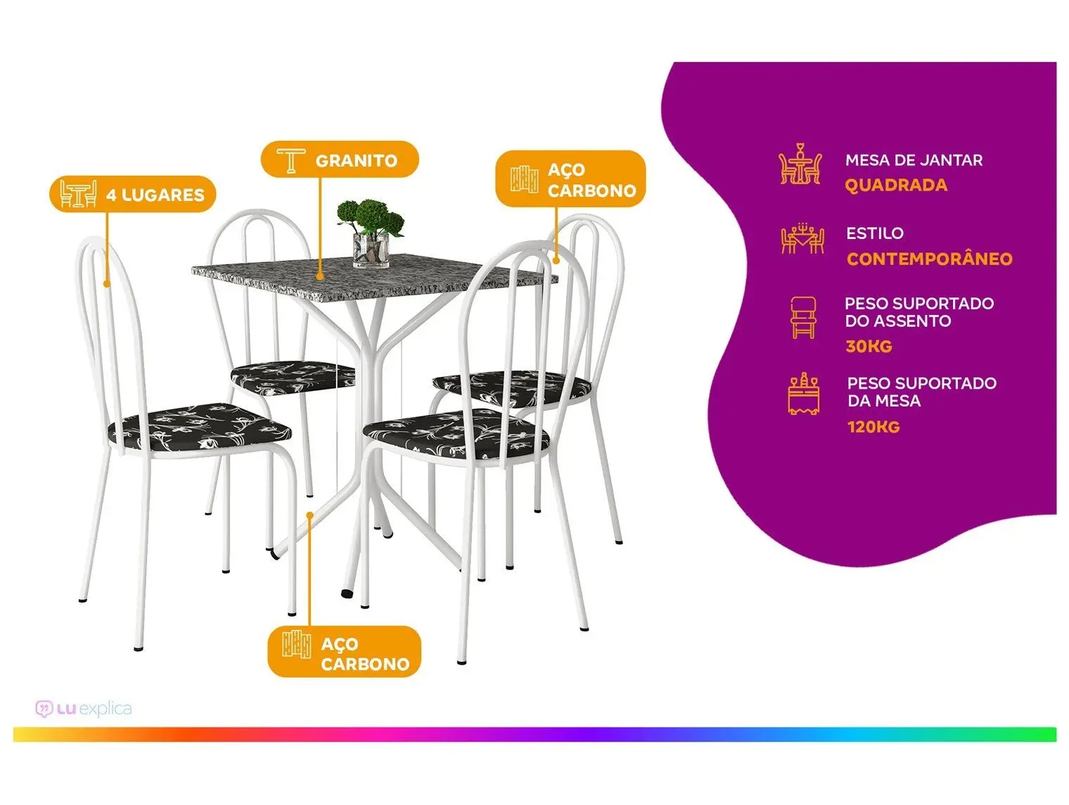 Mesa de Jantar 4 Cadeiras Quadrada Branca Artefamol America Thais - Imagem 4