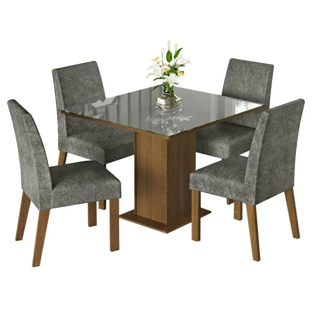 Conjunto Sala de Jantar Mesa Tampo de Vidro 4 Cadeiras Rustic/Cinza/Silver Anne Madesa - Imagem 11