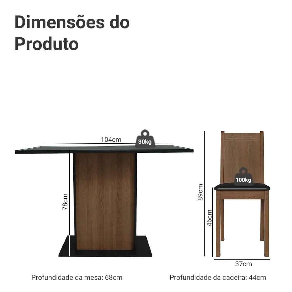Conjunto Sala de Jantar Mesa Tampo de Vidro 4 Cadeiras Preto/Rustic Camélia Madesa - Imagem 3