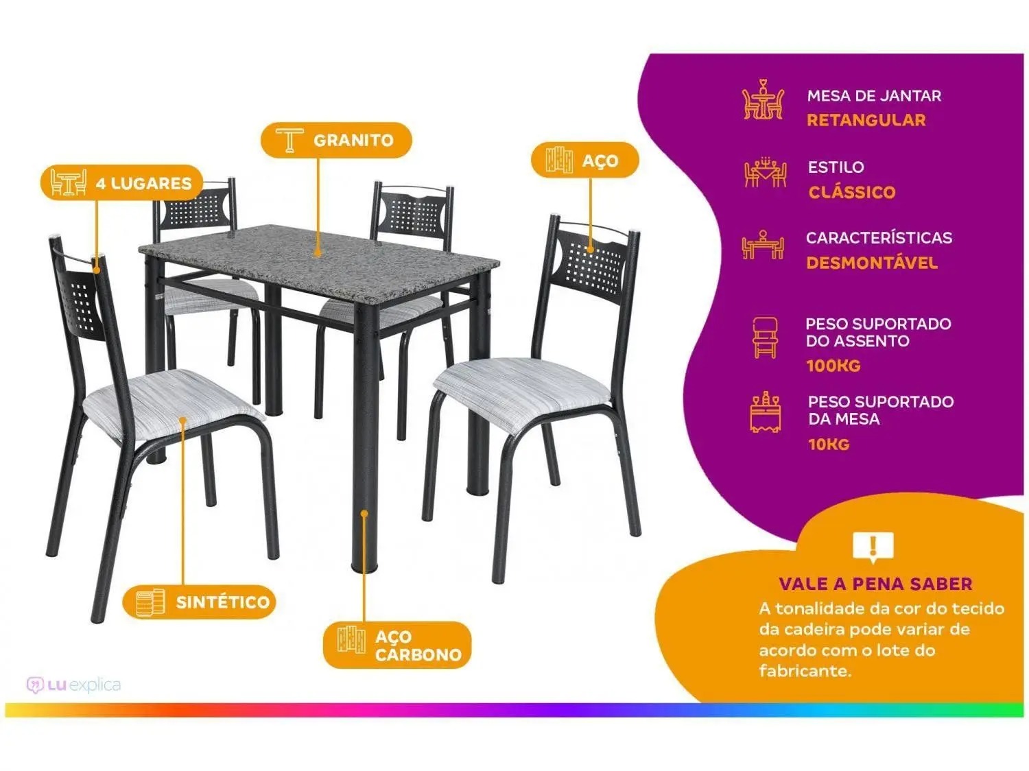 Mesa de Jantar 4 Cadeiras Retangular Aço Tampo Granito Poeme Ciplafe - Imagem 2