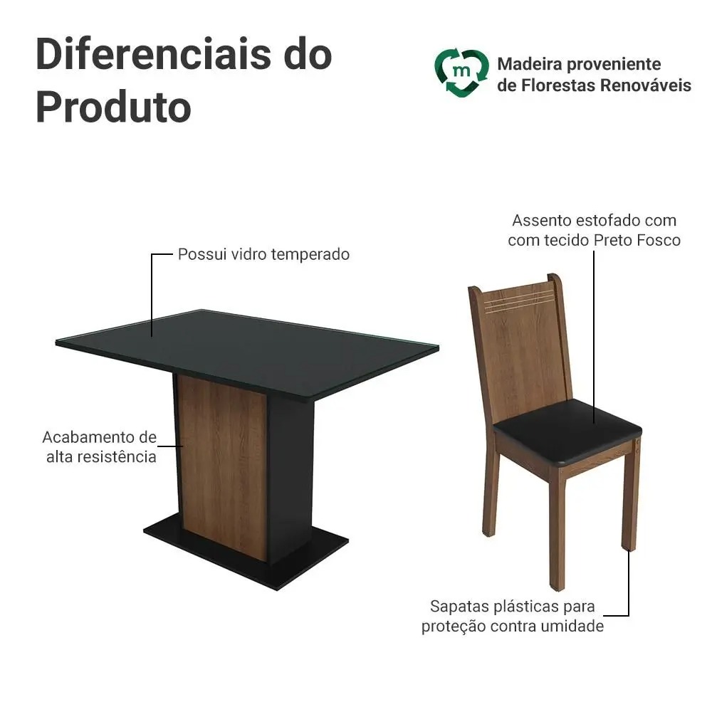 Conjunto Sala de Jantar Mesa Tampo de Vidro 4 Cadeiras Preto/Rustic Camélia Madesa - Imagem 4