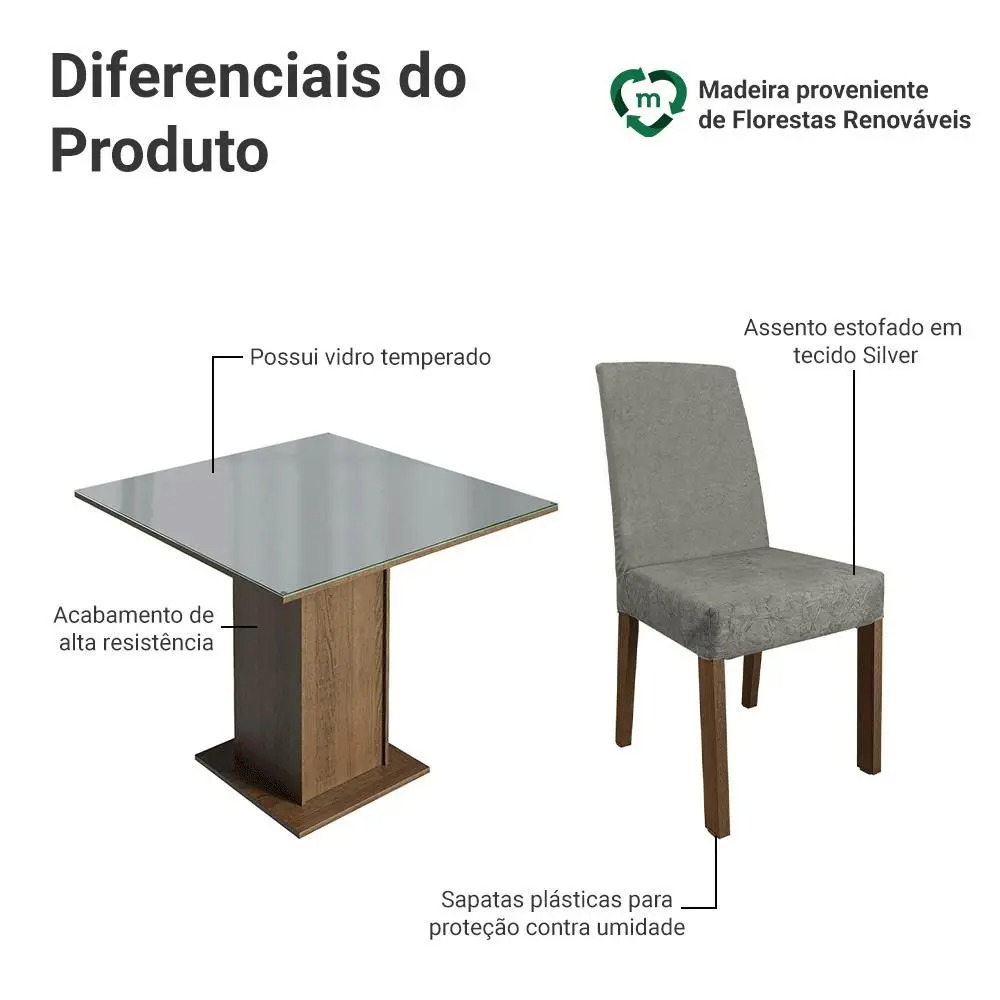 Conjunto Sala de Jantar Mesa Tampo de Vidro 4 Cadeiras Rustic/Cinza/Silver Anne Madesa - Imagem 3