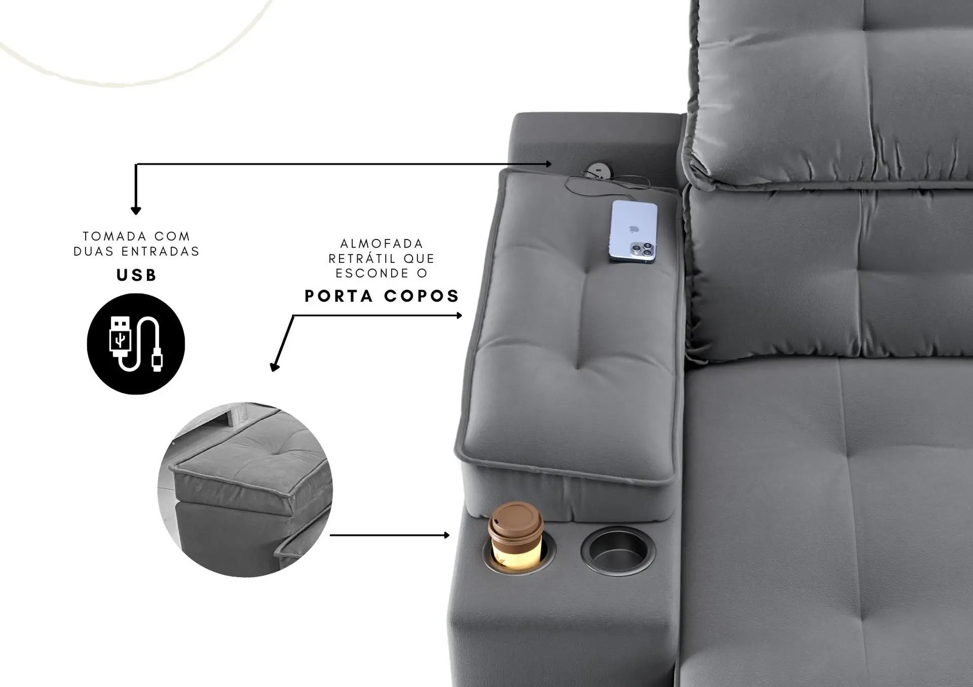 Sofá Santiago 2,30m (L) com Carregador USB e Porta Copos Retrátil e Reclinável - Cialar - Imagem 2