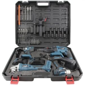 Kit de Ferramentas Nell 39 Peças 4 em 1 com Parafusadeira Martelete Rompedor/Perfurador Esmerilhadeira Chave de Impacto 2 baterias de 3.0Ah e Carregador
