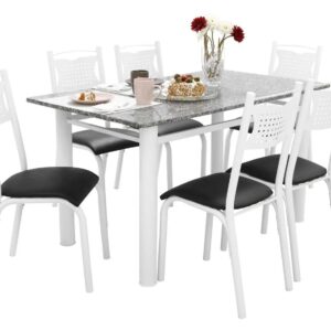 Mesa de Jantar 6 Cadeiras Retangular Aço Tampo Granito Poeme Ciplafe