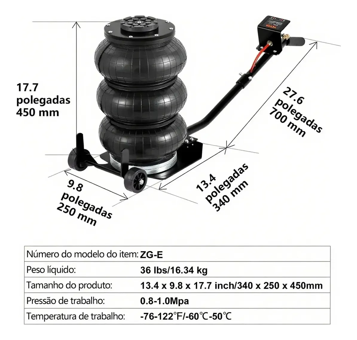 Macaco Pneumático 3t Triplo com Rodas e Alça, para Carro - Imagem 2